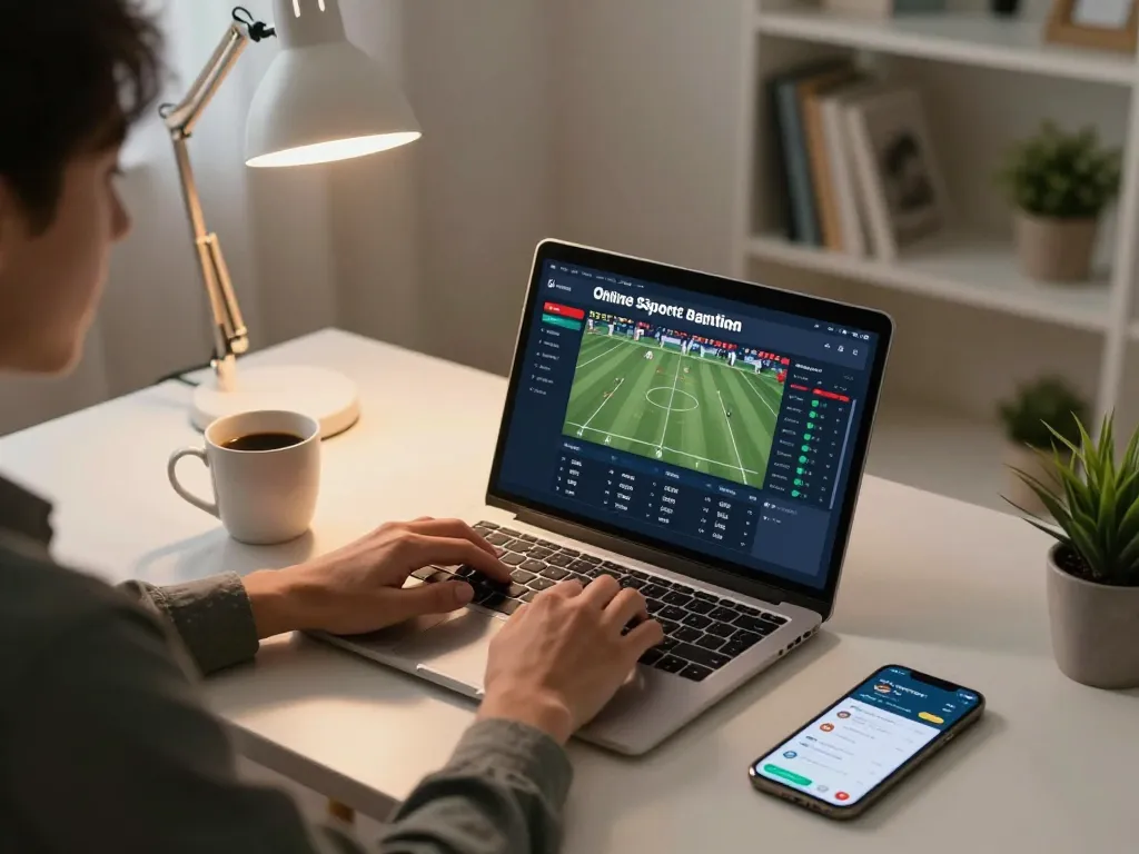 Place bets on sports with mm88 in a cozy home office setup featuring a laptop and smartphone betting interface.