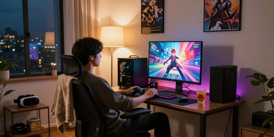 Gamer immersed in a vibrant hentai game in a cozy living room.