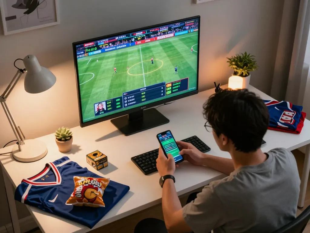 Engaged bettor using NET88 mobile app to place sports bets while watching a live game