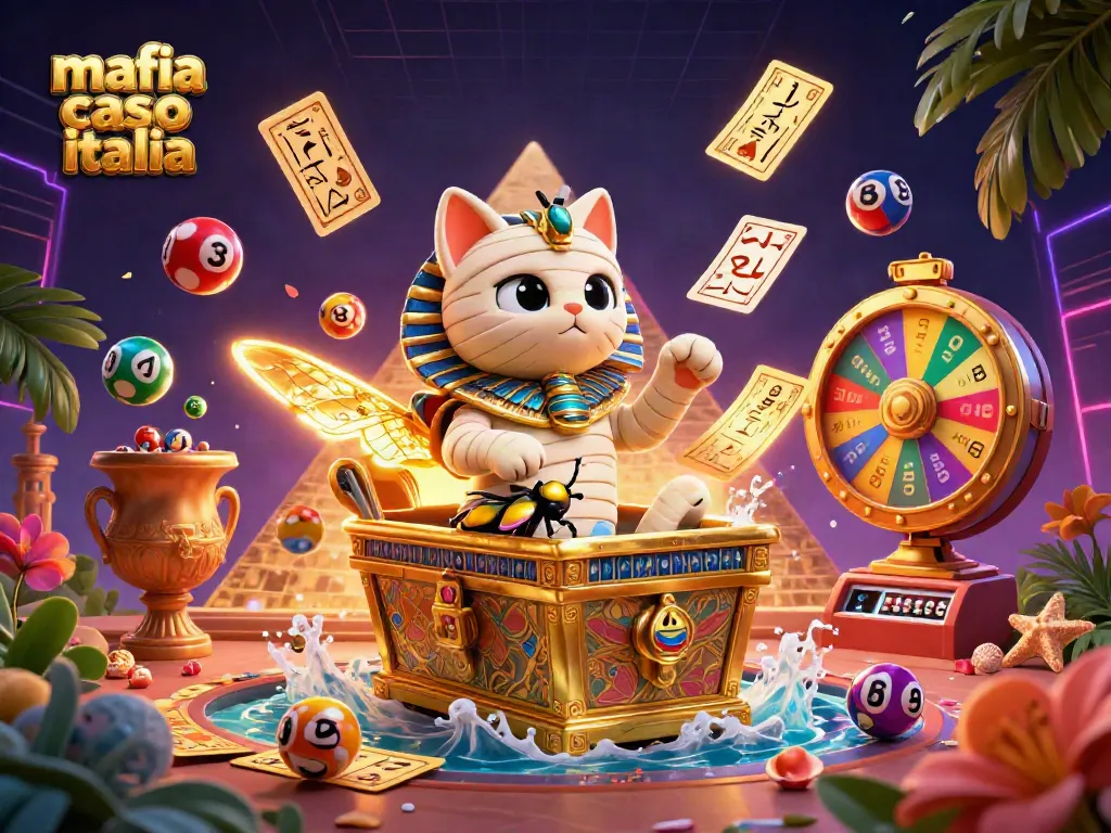 Experience the excitement of mafia casino italia with this vibrant 3D illustration featuring an Egyptian mummy cat at a casino.