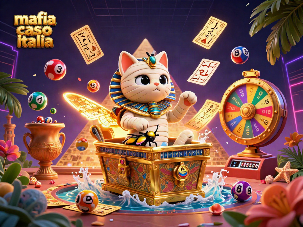 Experience the excitement of mafia casino italia with this vibrant 3D illustration featuring an Egyptian mummy cat at a casino.