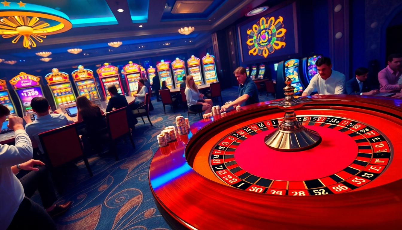 RR88 casino scene showcasing a roulette table and vibrant slot machines amid an exciting atmosphere.