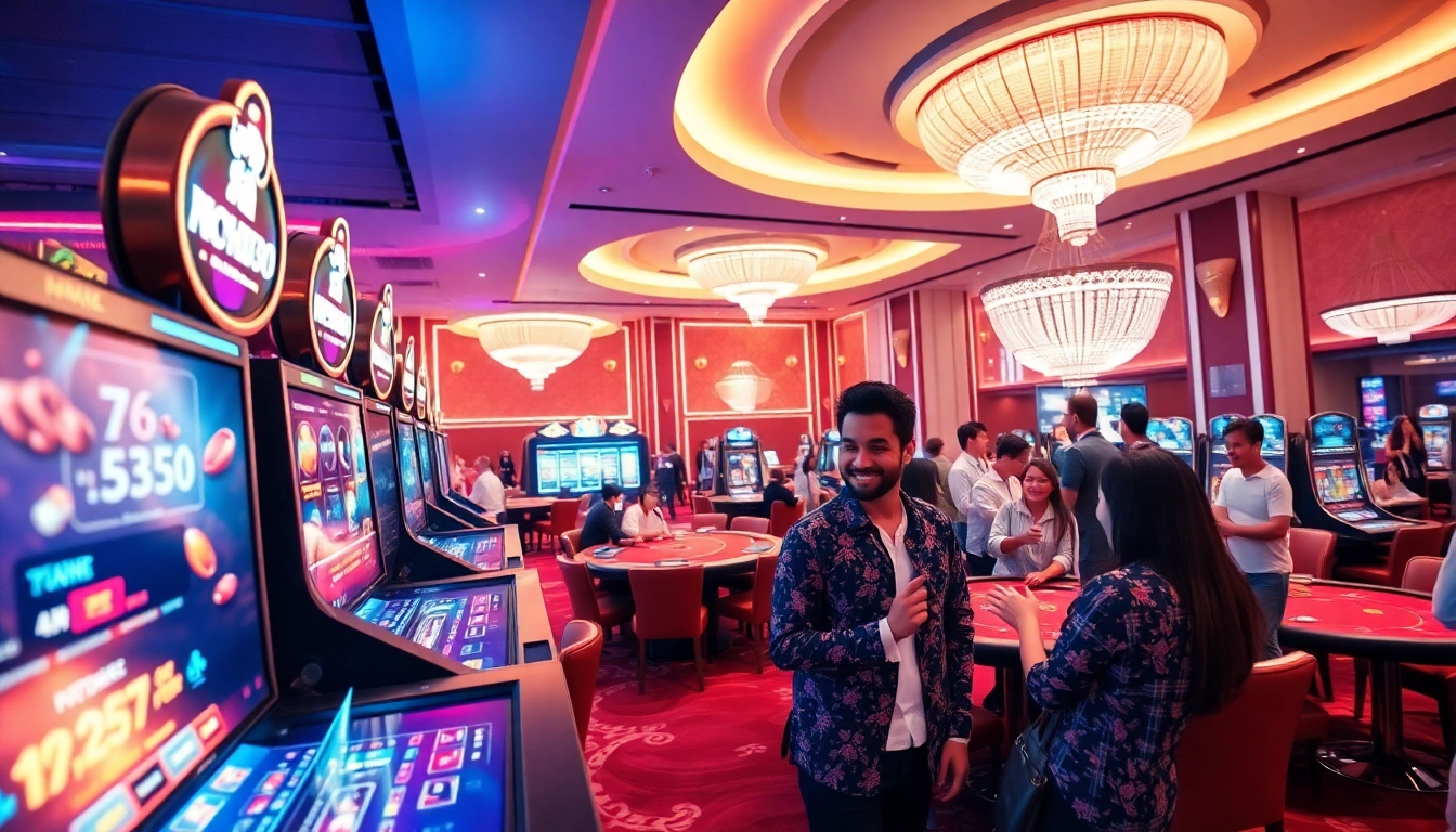 NOHU90 offers an exciting online gaming experience with vibrant slot machines and engaging players in a modern casino setting.