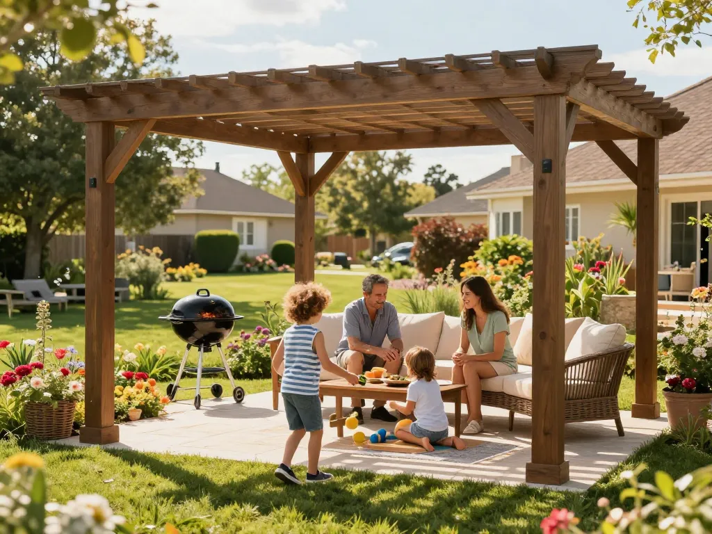 Una bellissima famiglia che si gode del tempo sotto un configuratore pergole con preventivo in un vivace giardino.