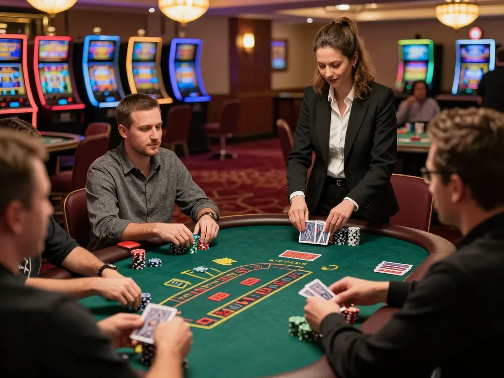 Players testing strategies at blackjack table on https://da88.navy/ with vibrant casino atmosphere