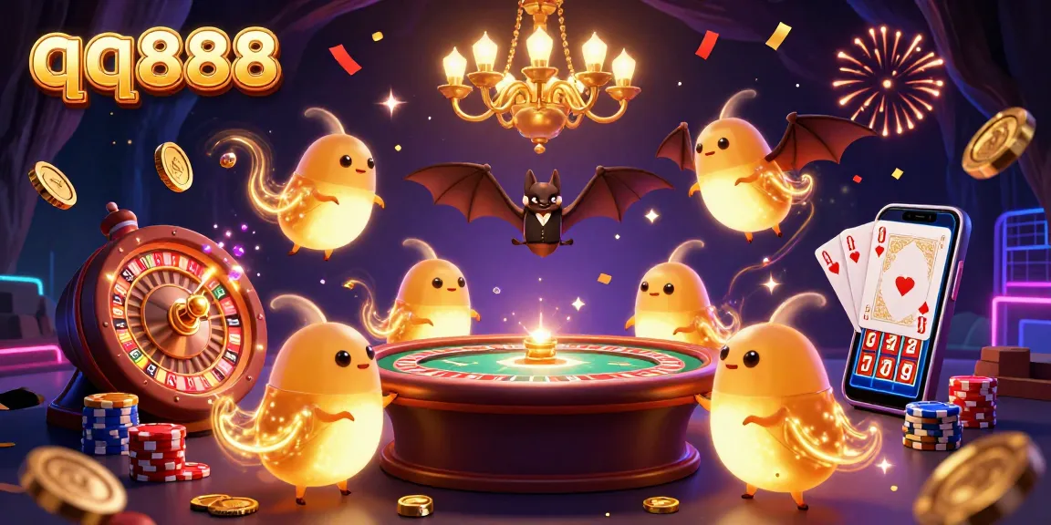 Engage in thrilling gameplay at qq888 with vibrant glowworms lighting the casino scene amidst a cascade of coins and gems.