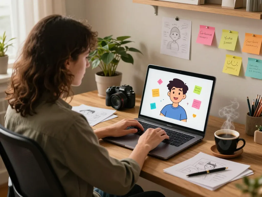 Engaging scene of a user interacting with crushon ai in a cozy home office.