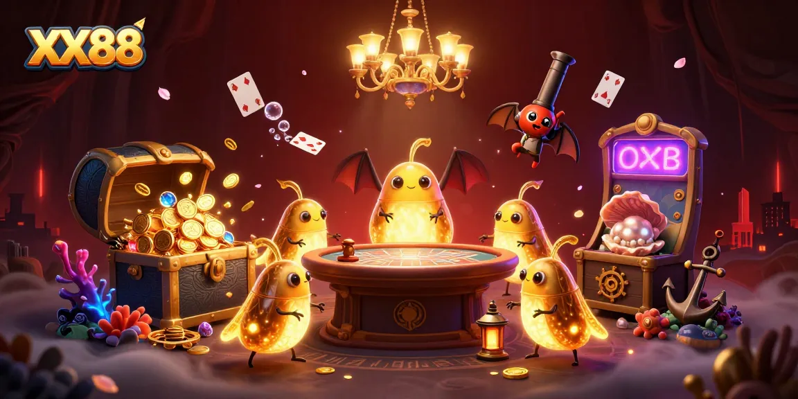 Win big at XX88 with a vibrant casino scene featuring glowworms and a bat dealer!