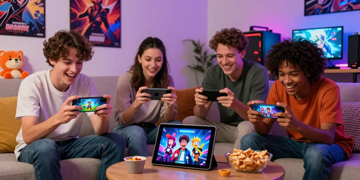 Young adults enjoying mobile hentai games together in a cozy gaming setup.