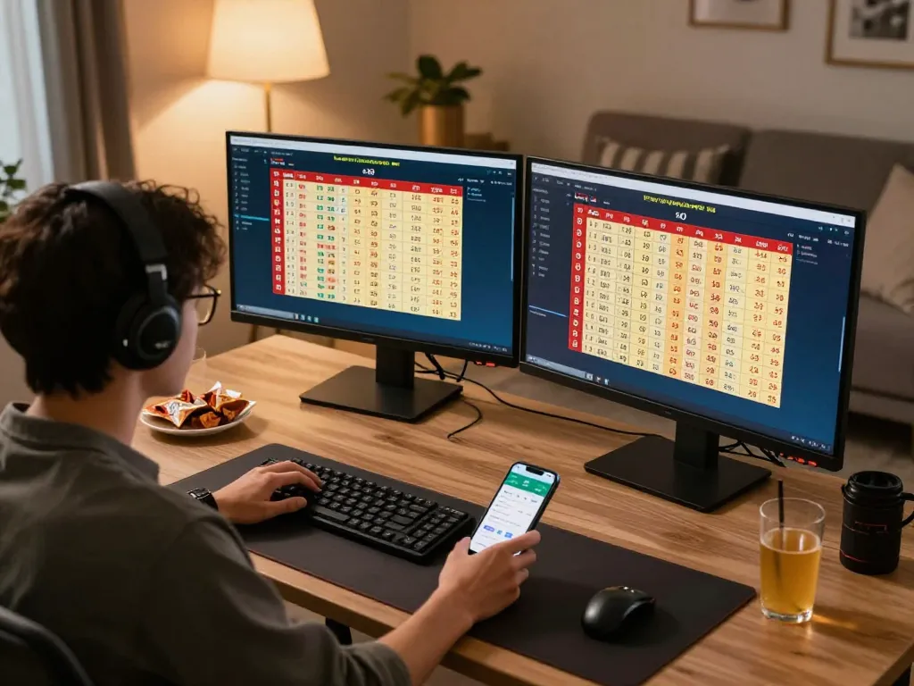 Engaging in 9 Lotto 4D betting while analyzing results on dual monitors in a cozy home setting.
