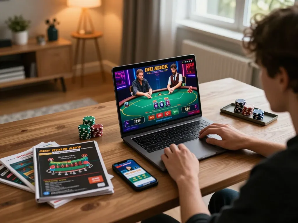 Player at home using laptop for lc 88 online poker game, showcasing chips and bets.