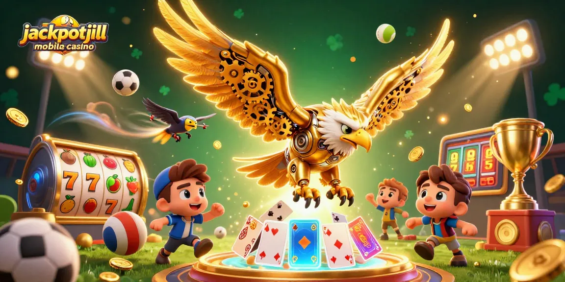 Engage with the jackpotjill mobile casino in this vibrant 3D digital art filled with slots and sports themes.