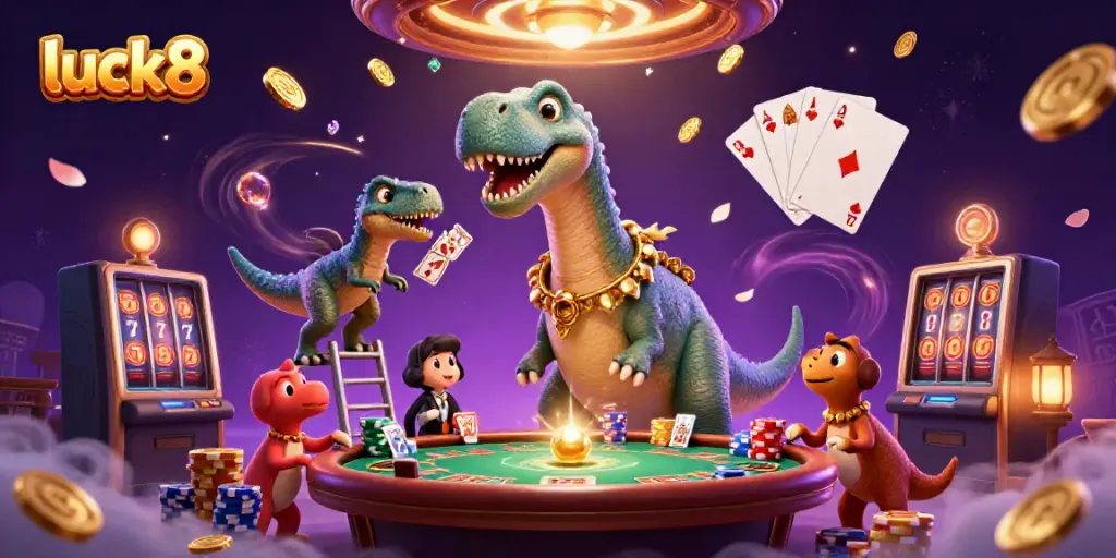 Experience luck8's dynamic casino scene featuring unique 3D characters and vibrant gaming elements.
