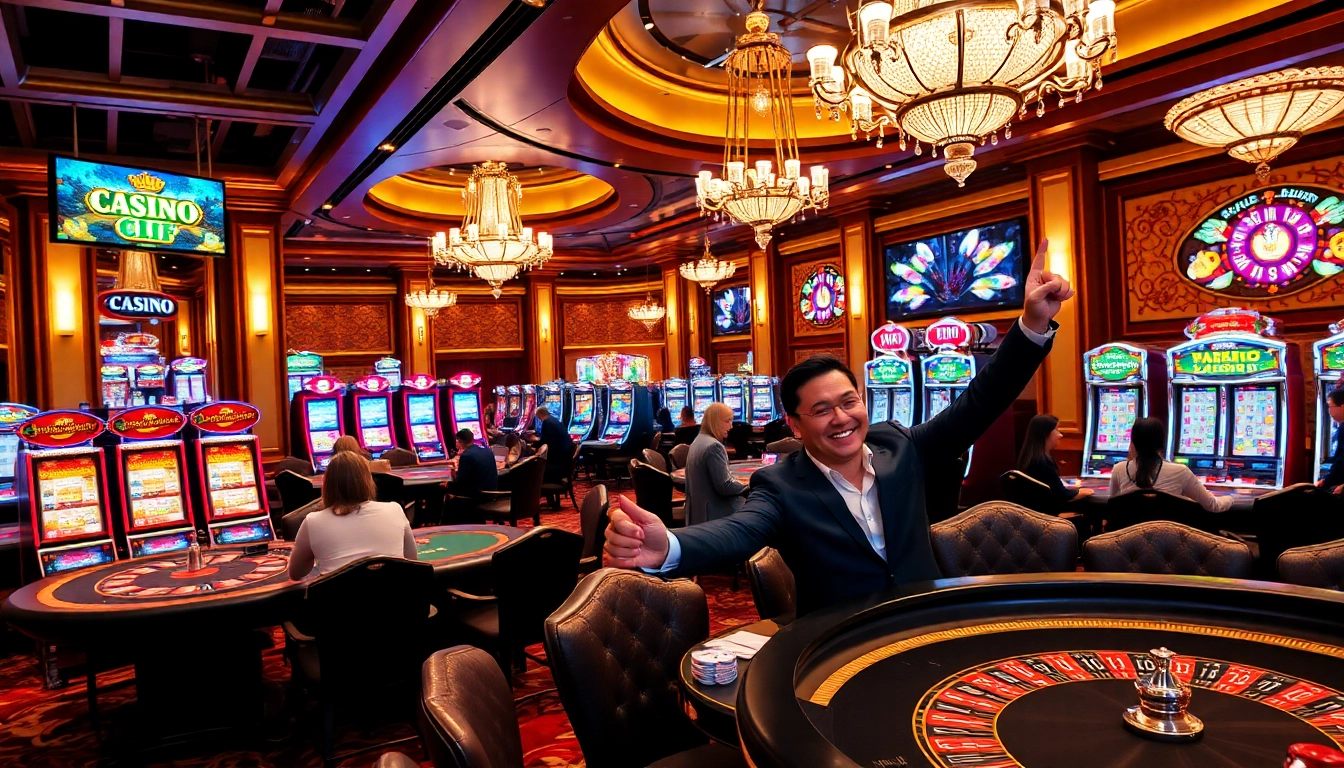 Winning moment at casino c168 with players cheering around a blackjack table and vibrant slot machines.