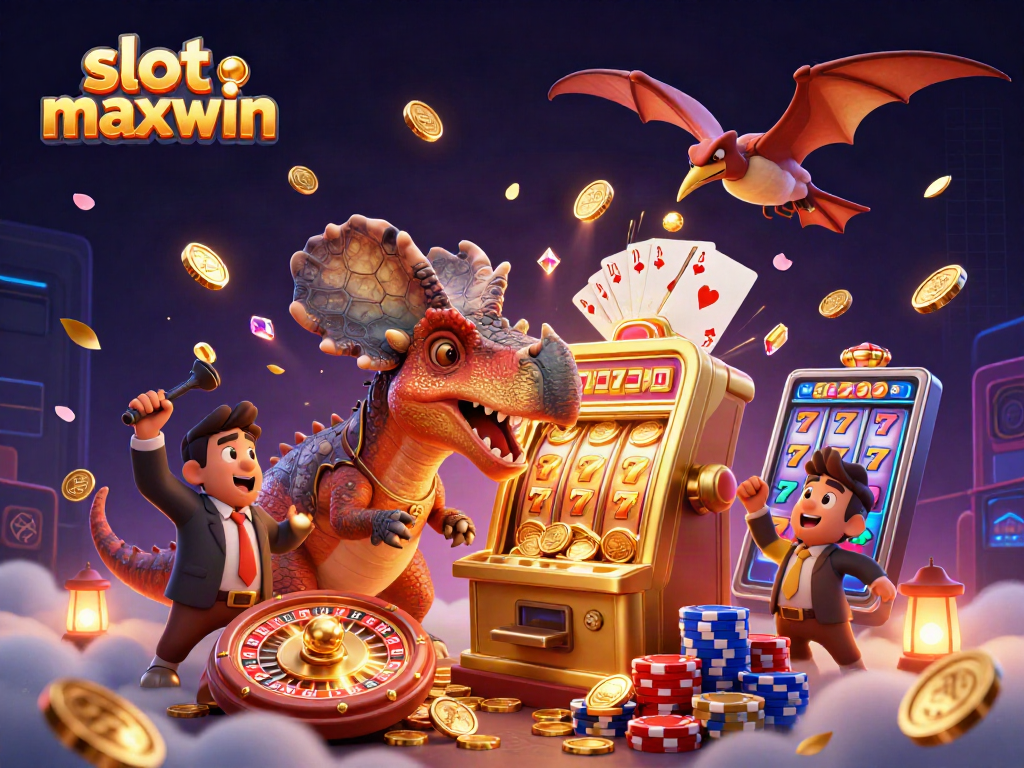 Experience the thrill of slot maxwin as a cartoon pachycephalosaurus activates a golden slot machine, showering coins everywhere.