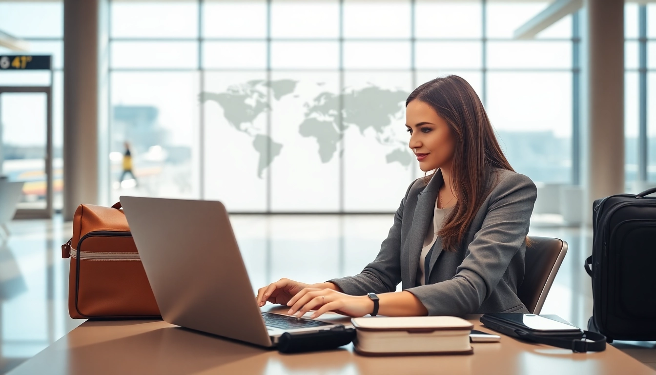Young woman applying for eta application uk at an airport lounge with travel gear.