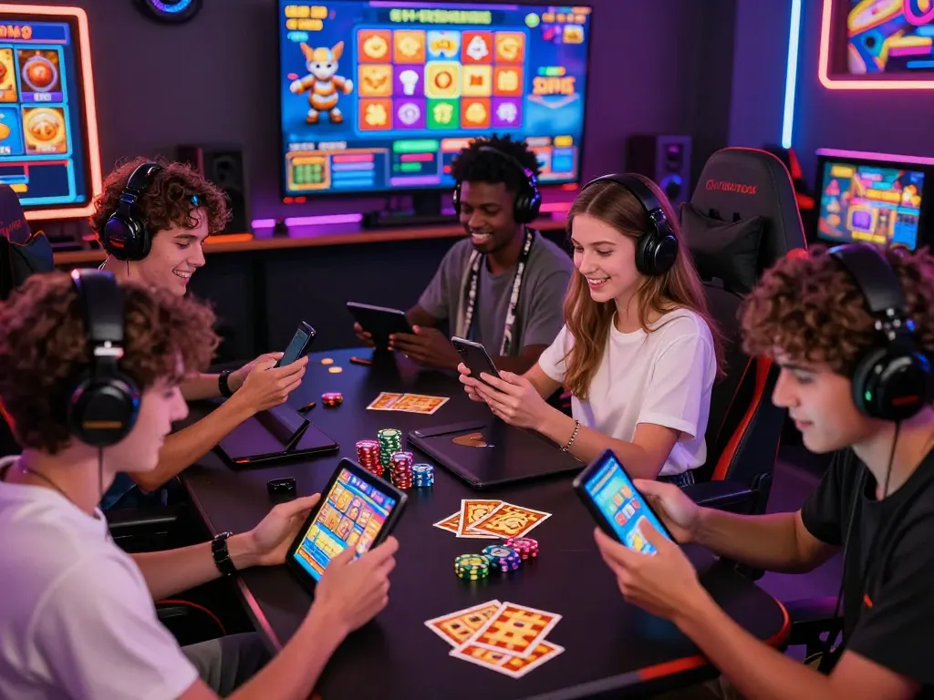 Players enjoying No Hu slot games in a vibrant online gaming environment filled with colorful lights and engaging graphics.