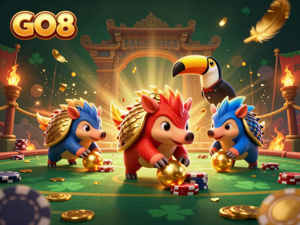 Experience thrilling action with GO8's playful pangolins rolling golden balls in a vibrant casino arena