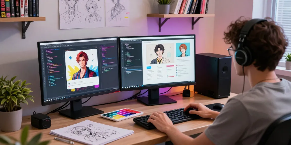 AI hentai chat developer designing engaging character interactions in a lively digital studio environment.