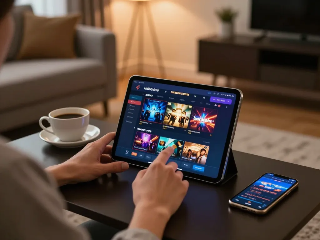 Engaging with the ledaonline casino platform on a tablet in a cozy home setup
