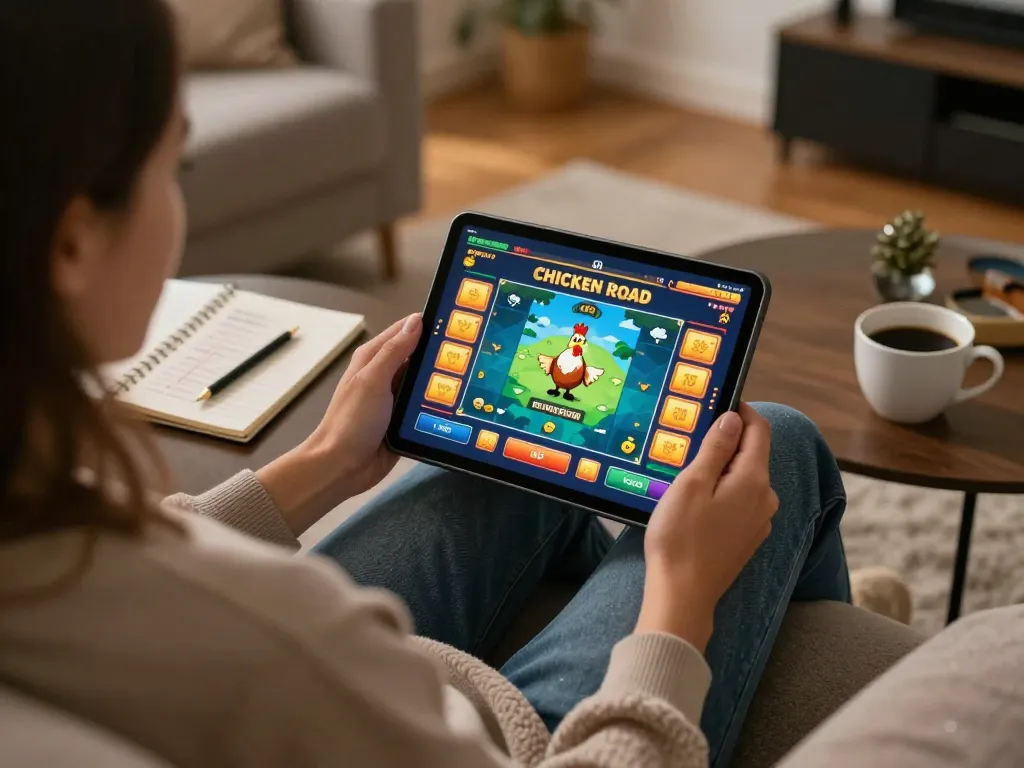 Impegnarsi nel gioco di Chicken Road su un tablet in un accogliente ambiente domestico