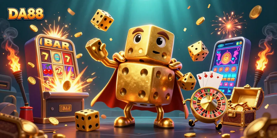 DA88 showcases a dynamic illustration of a golden dice golem and casino elements in action.