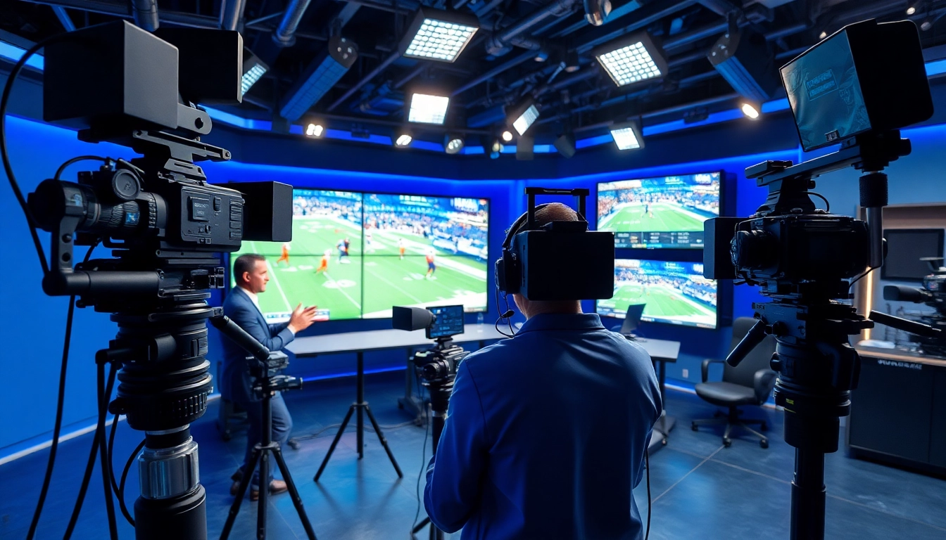 Dynamic sports broadcasting scene with a professional analyst and high-tech setup.