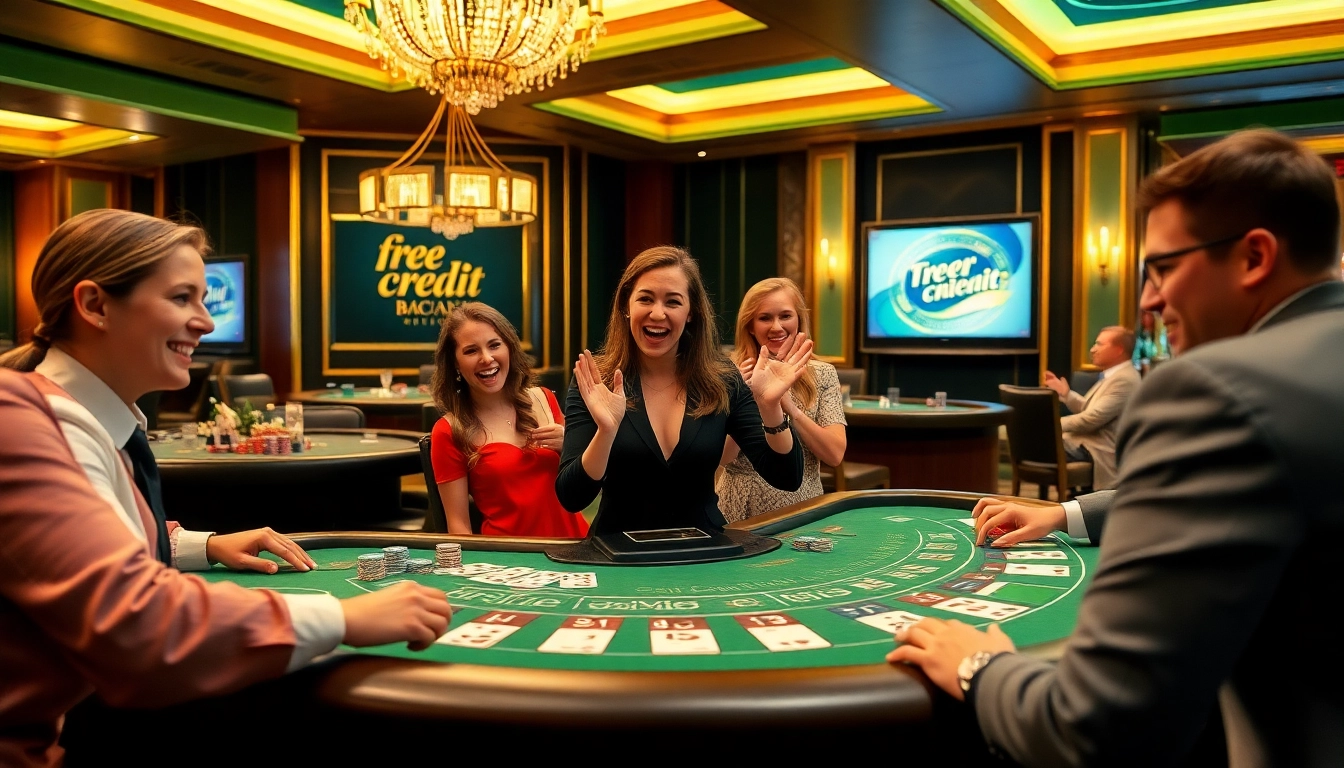 Engage in free credit baccarat at a glamorous casino table with eager players and vivid betting elements.