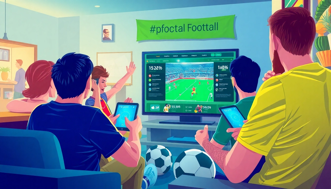 Fans engaging with OKWINTV.zone, watching football matches live on various devices, showcasing excitement and community.
