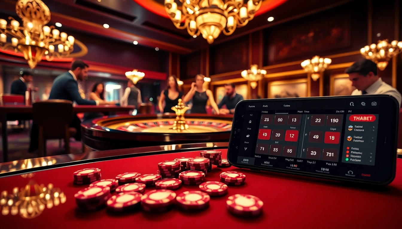 Players enjoying high-stakes gambling at THABET's luxurious online casino, featuring roulette and poker.