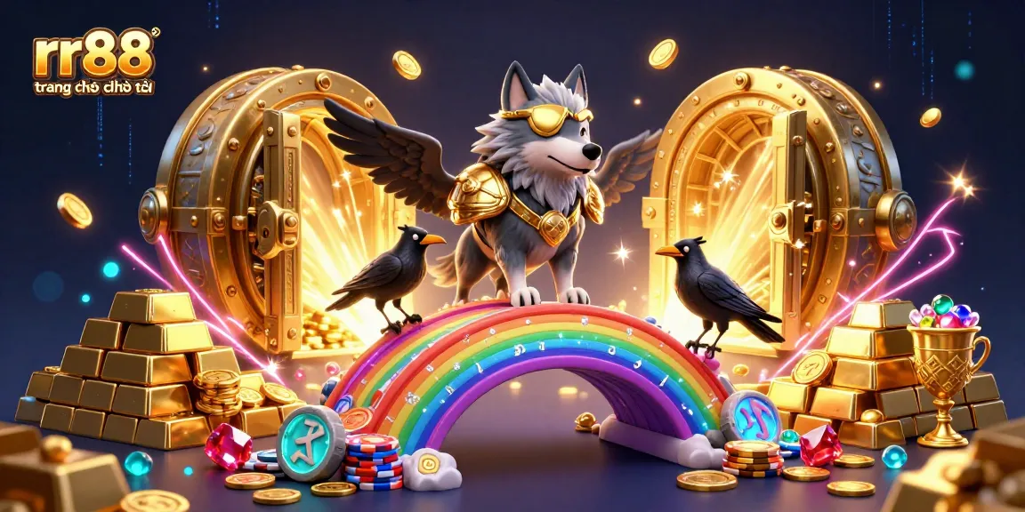 Engage with the vibrant rr88 trang chủ chính thức scene featuring a Norse wolf and ravens amidst a treasure-filled casino.