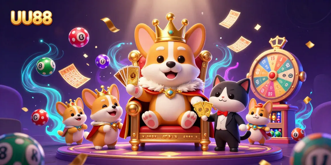 Experience UU88's thrilling gaming with a royal corgi king, colorful lottery elements, and dynamic casino visuals.