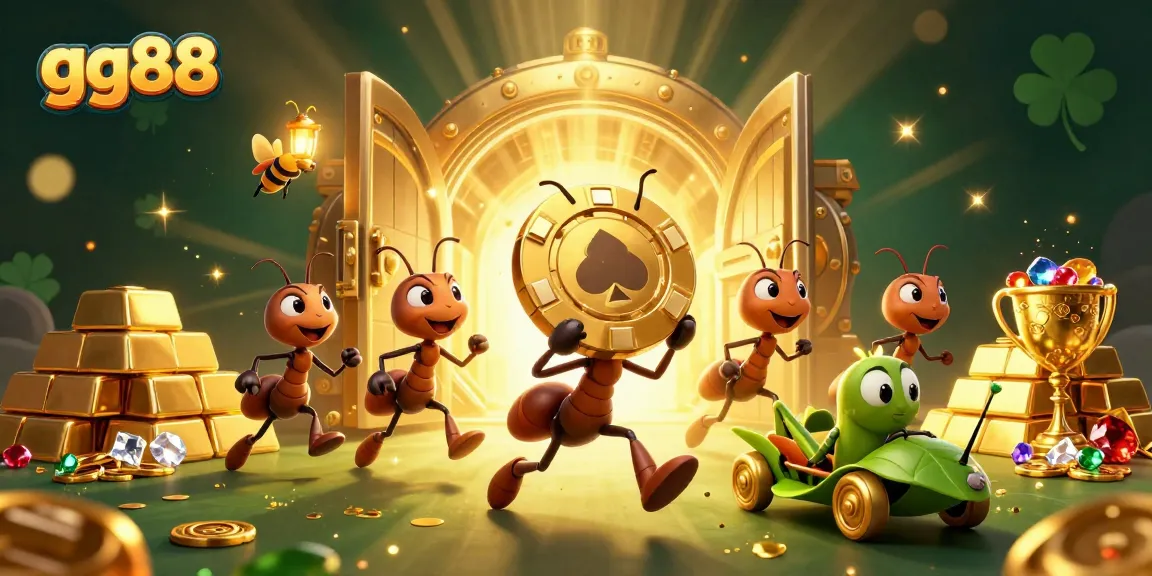 Join the heist at gg88 with ants carrying a giant poker chip amid sparkling treasures.
