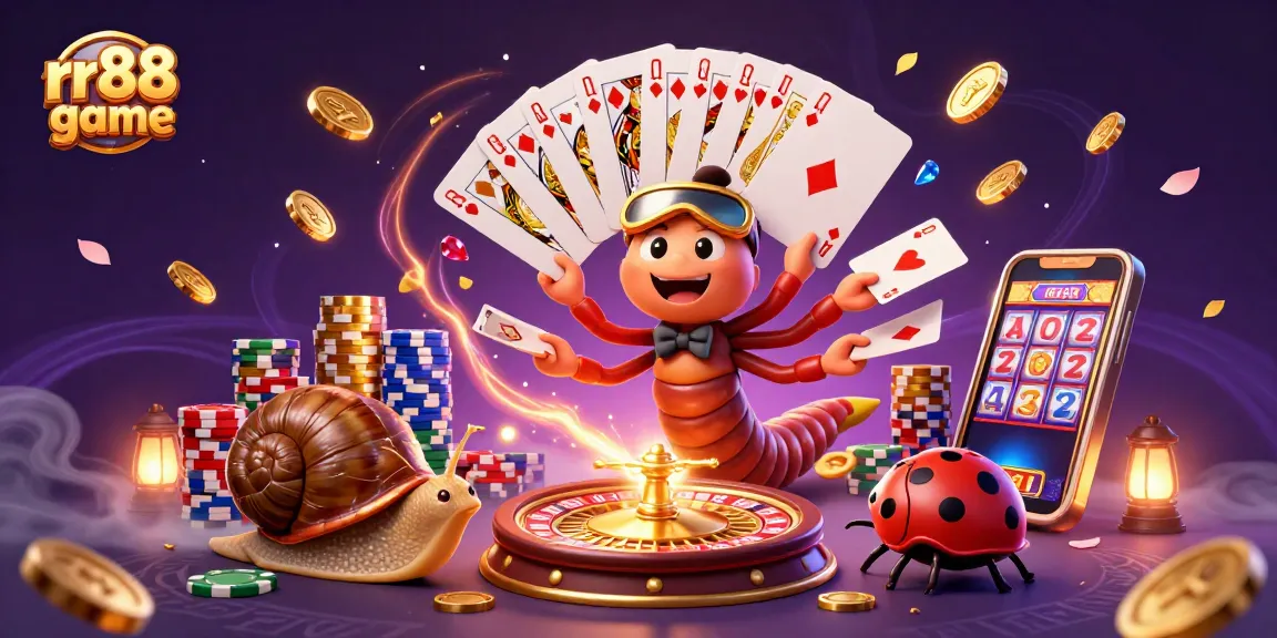 Experience the excitement of the rr88 game with animated characters, cards, and casino elements.