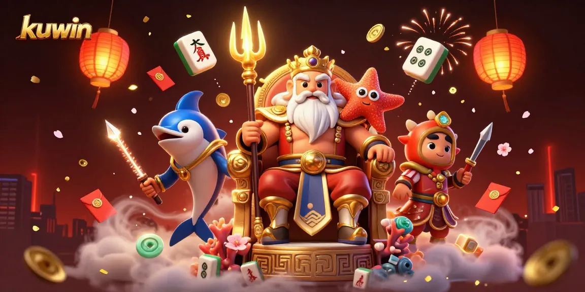 Kuwin casino features a vibrant scene with Neptune and sparkling game elements in a thrilling atmosphere.