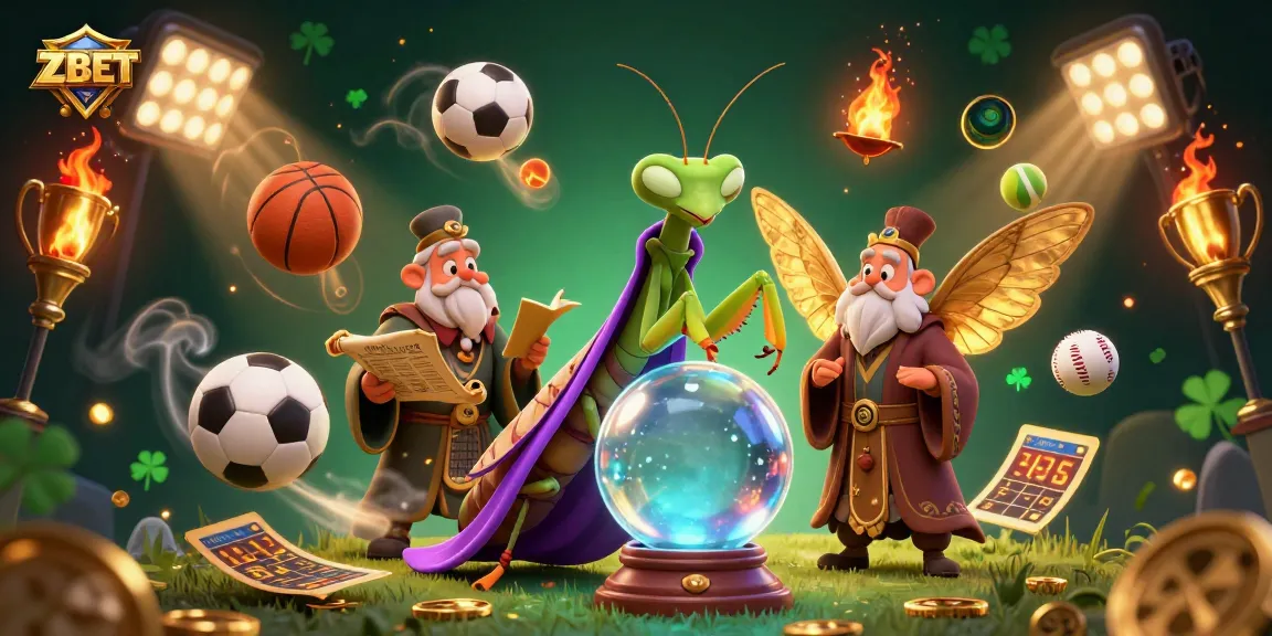 ZBET sports betting scene with a fortune teller and moth librarian amidst dynamic sports elements