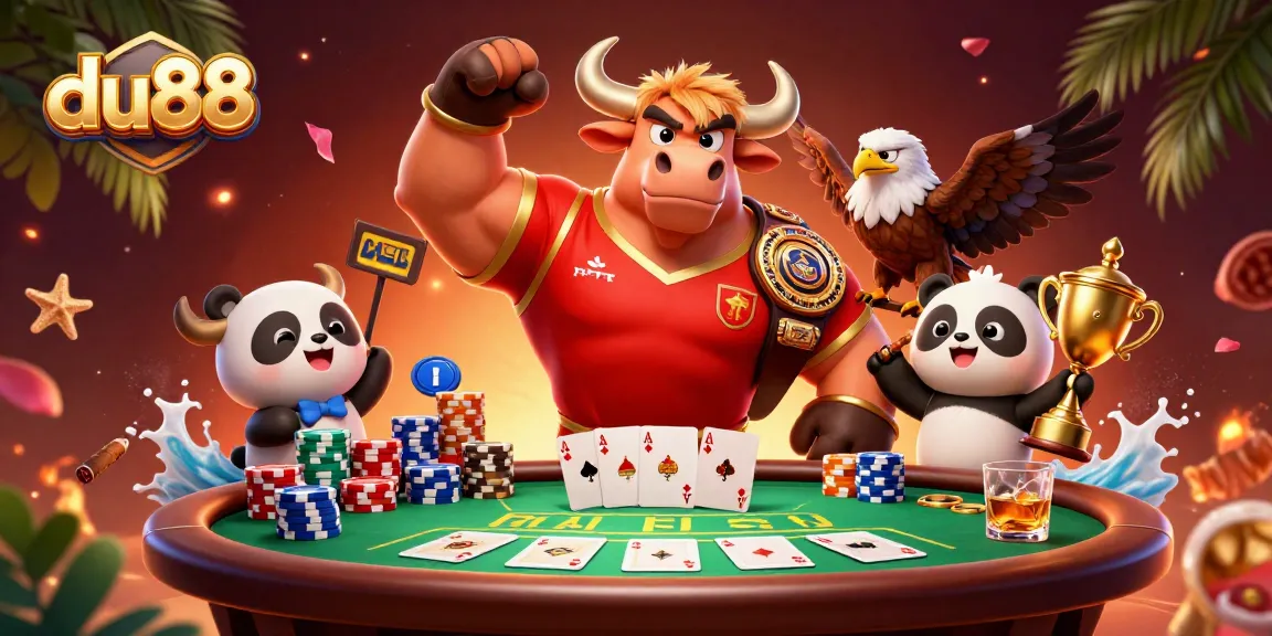 Join the du88 winning celebration featuring a bull mascot, eagle, and panda with poker elements.