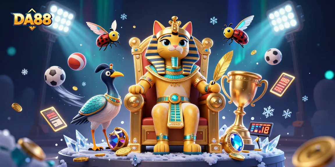 Experience the thrill of DA88 with a dynamic pharaoh cat scene filled with sports action!
