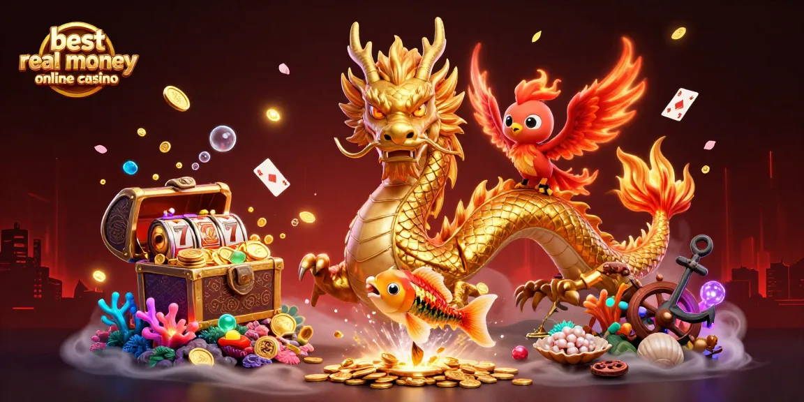 Experience the best real money online casino with a vibrant scene featuring a golden dragon, phoenix, and koi fish amidst coins and games.