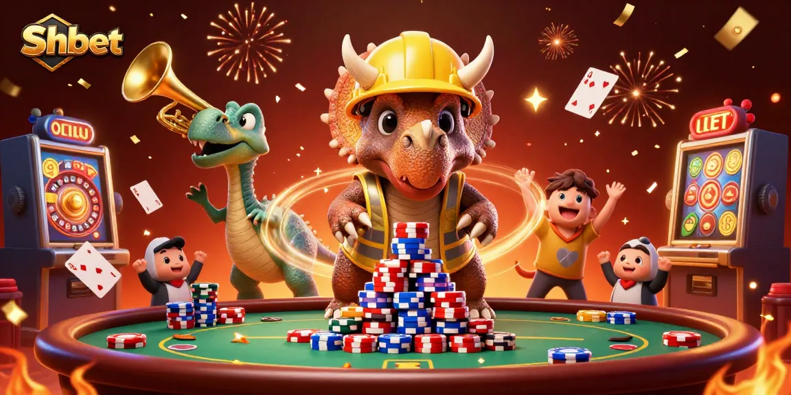 Shbet brings excitement with 3D dinosaurs building poker chip pyramids amid casino elements.