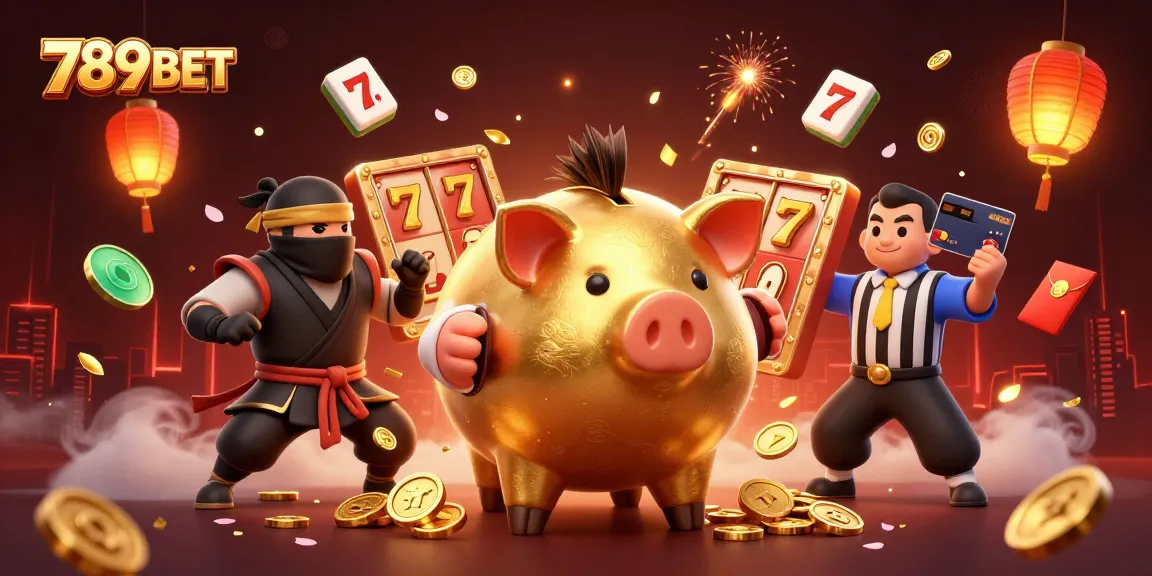 Experience thrilling games at 789BET with a vibrant scene featuring a golden piggy bank sumo wrestler.