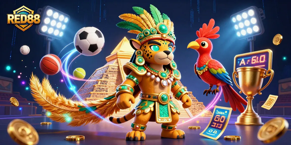Experience thrilling sports betting with RED88's dynamic scene featuring 3D characters and sports elements.