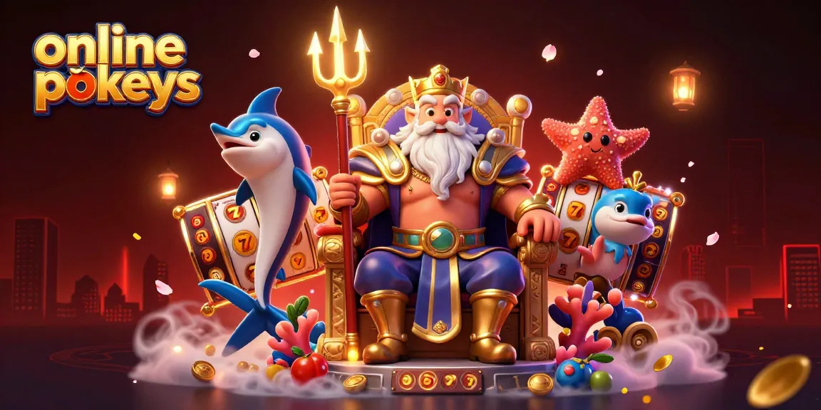 Spin and win with online pokies in this vibrant 3D scene featuring Neptune and slot symbols.