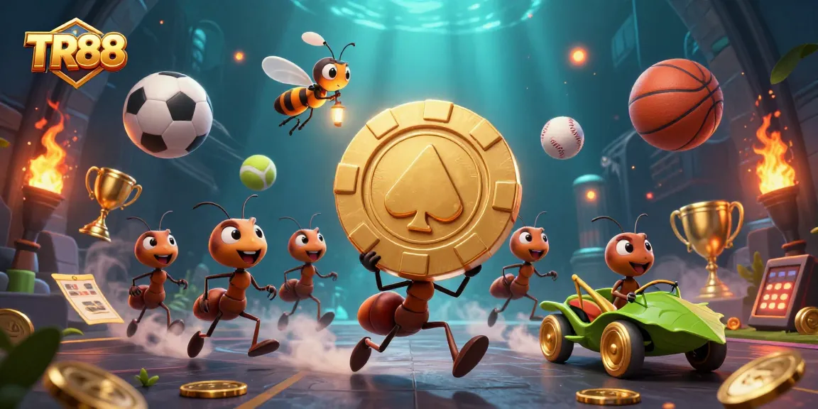 Experience the excitement of TR88 with dynamic ants carrying a giant poker chip in this action-packed scene.