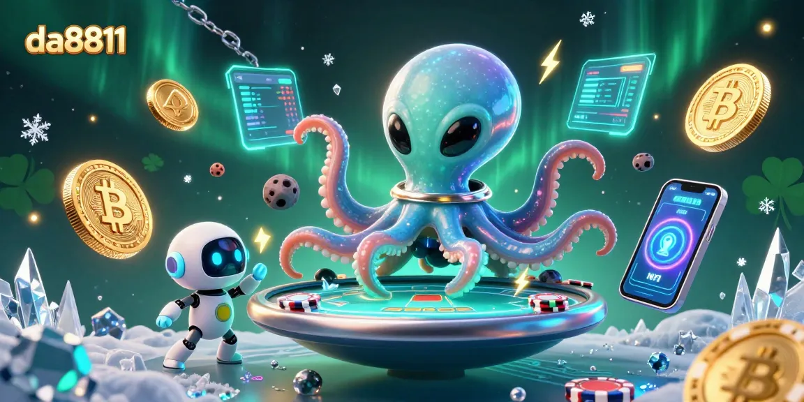Bet on da8811 as a vibrant 3D alien octopus plays poker with festive elements.