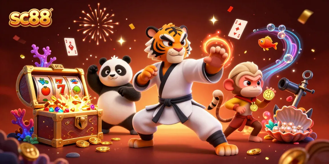 sc88 features a kung fu tiger and panda amidst colorful slot elements, showcasing casino excitement.