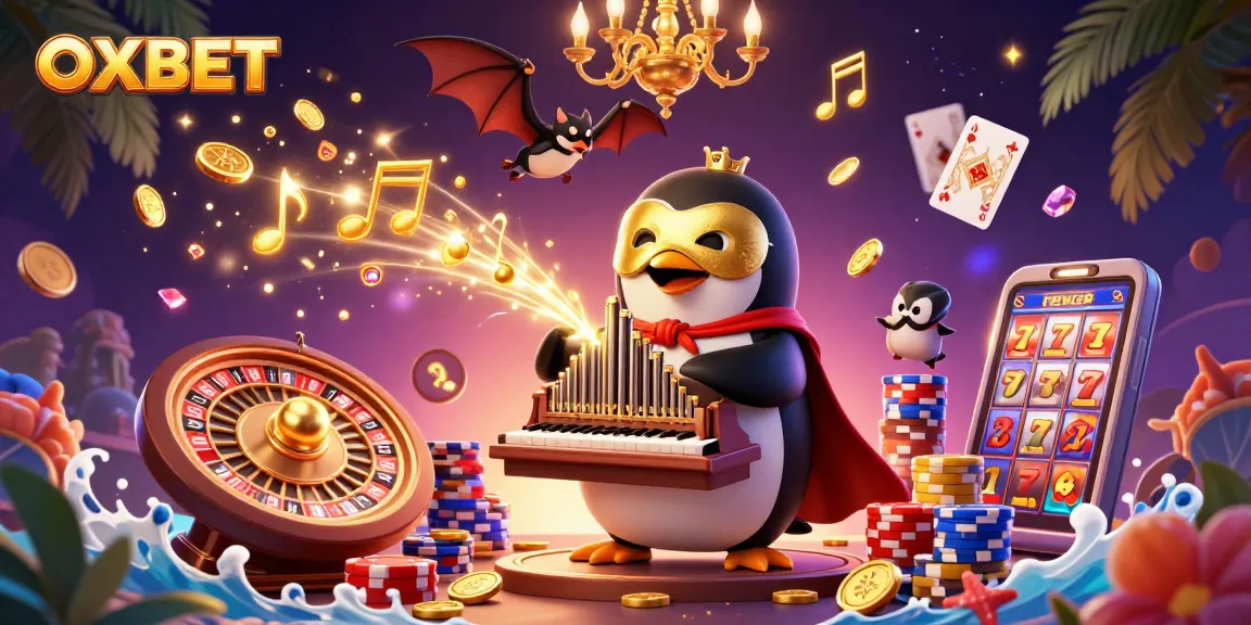 Experience OXBET thrills with a vibrant casino scene featuring a penguin playing the organ.