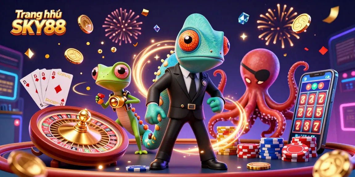 Experience the excitement at Trang chủ SKY88 with a captivating 3D casino scene featuring vibrant characters and dynamic gaming elements.