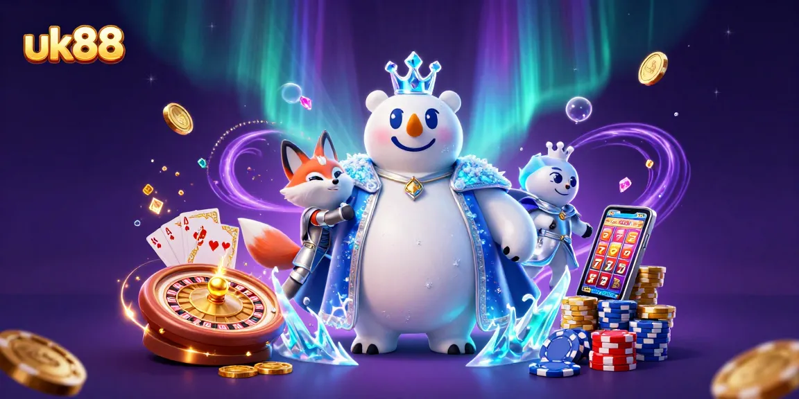 Experience jackpot excitement at uk88 with a captivating illustration of a polar bear and snow fox amidst casino elements.