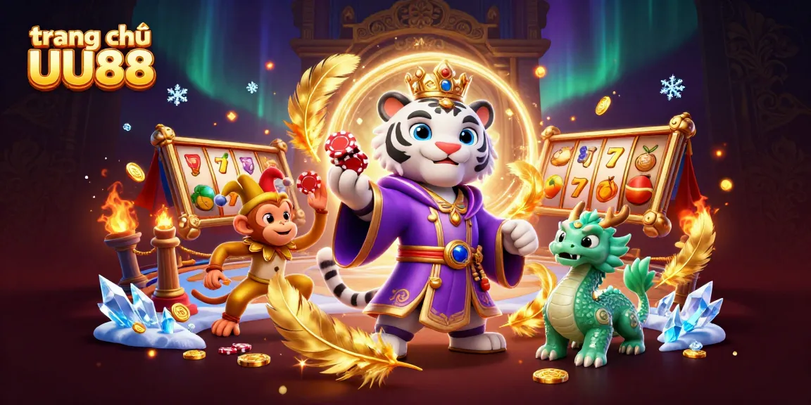 Experience the excitement of gaming with trang chủ UU88, featuring symbolic slot reels and playful characters in a vibrant casino scene.